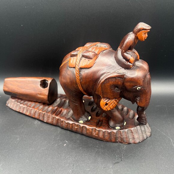 Vintage 1950s Wooden Hand-Carved Man on an Elephant Pulling a Log Figurine - Picture 1 of 6